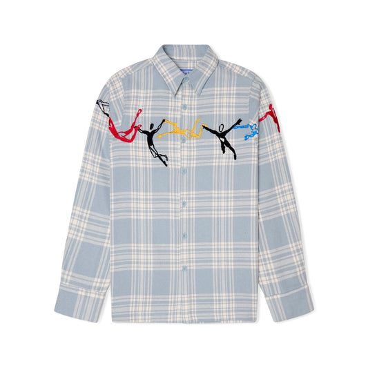 Embroidered Swinging Figures Flannel Shirt [Blue]