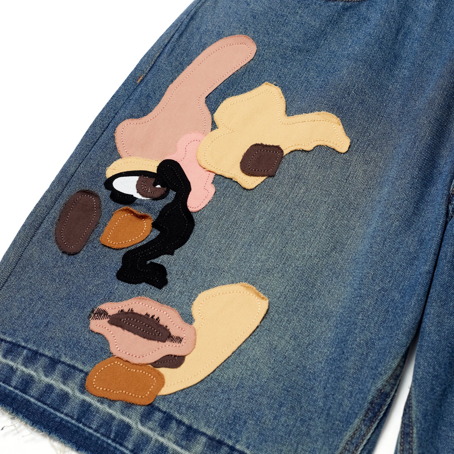 Face Patchwork Baggy Shorts [Light Wash]