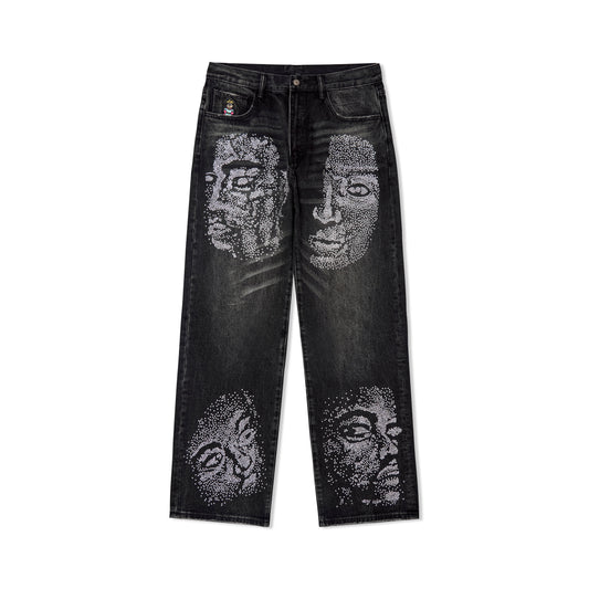 Rhinestone Face Jeans [Black]