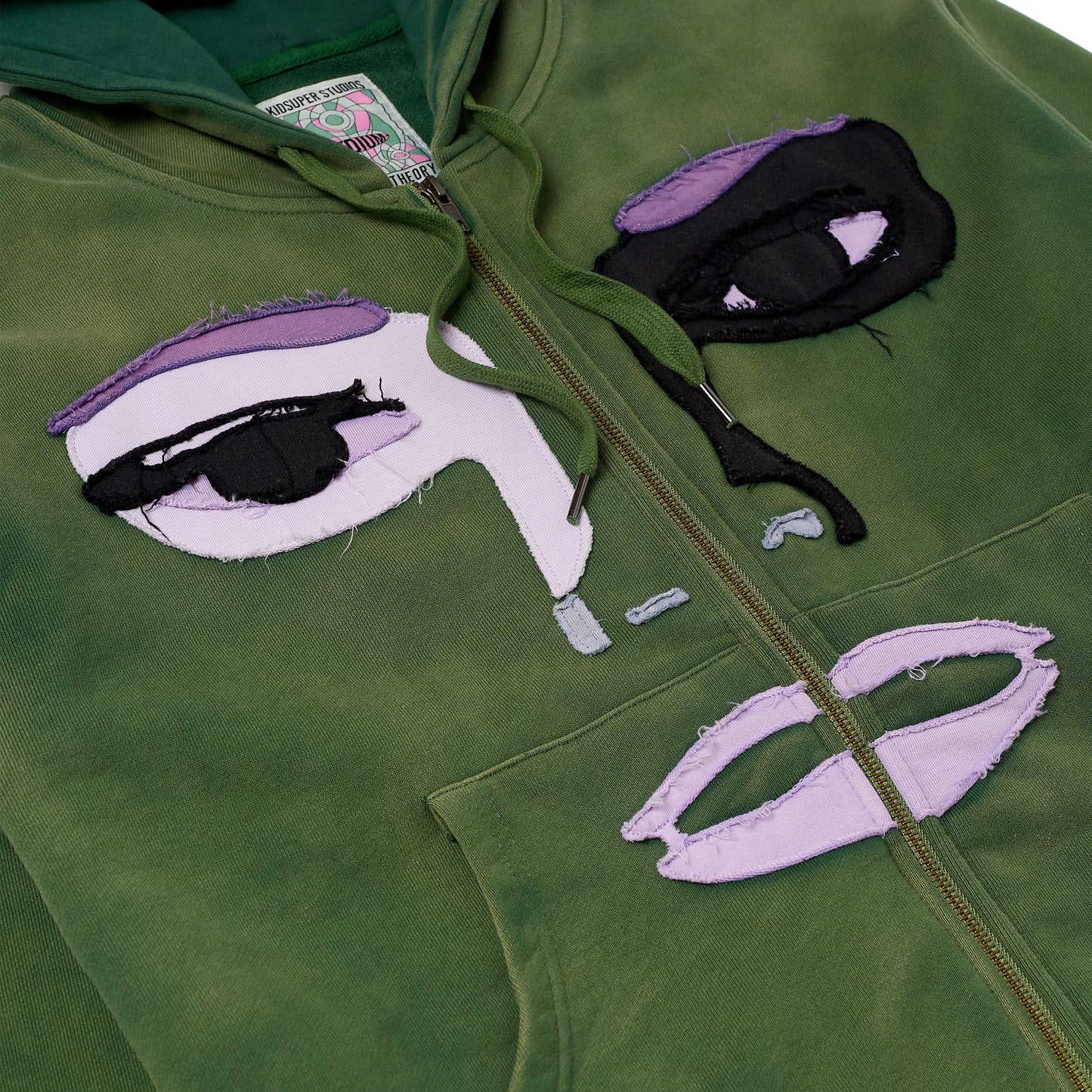 Patchwork Face Washed Heavyweight Zip Hoodie [Green]