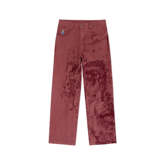 Embroidery Face Jeans [Red]