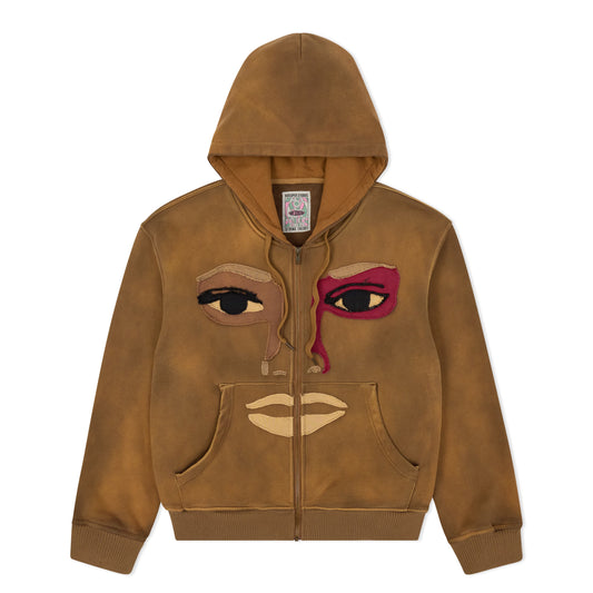 Patchwork Face Heavyweight Zip Up Hoodie [Dark Brown]
